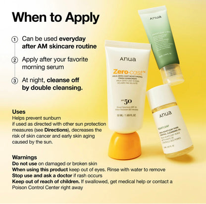 Anua Zero-Cast Moisturising Finish Sunscreen SPF 50+ PA++++